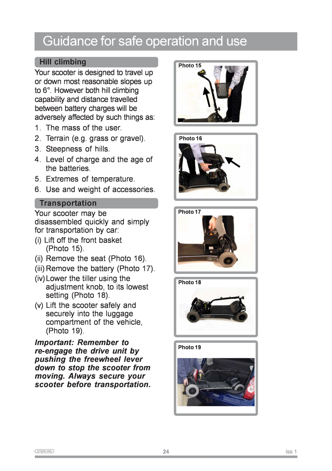 Sunrise Medical Mobility Scooter owner manual Guidance for safe operation and use, Hill climbing, Transportation 