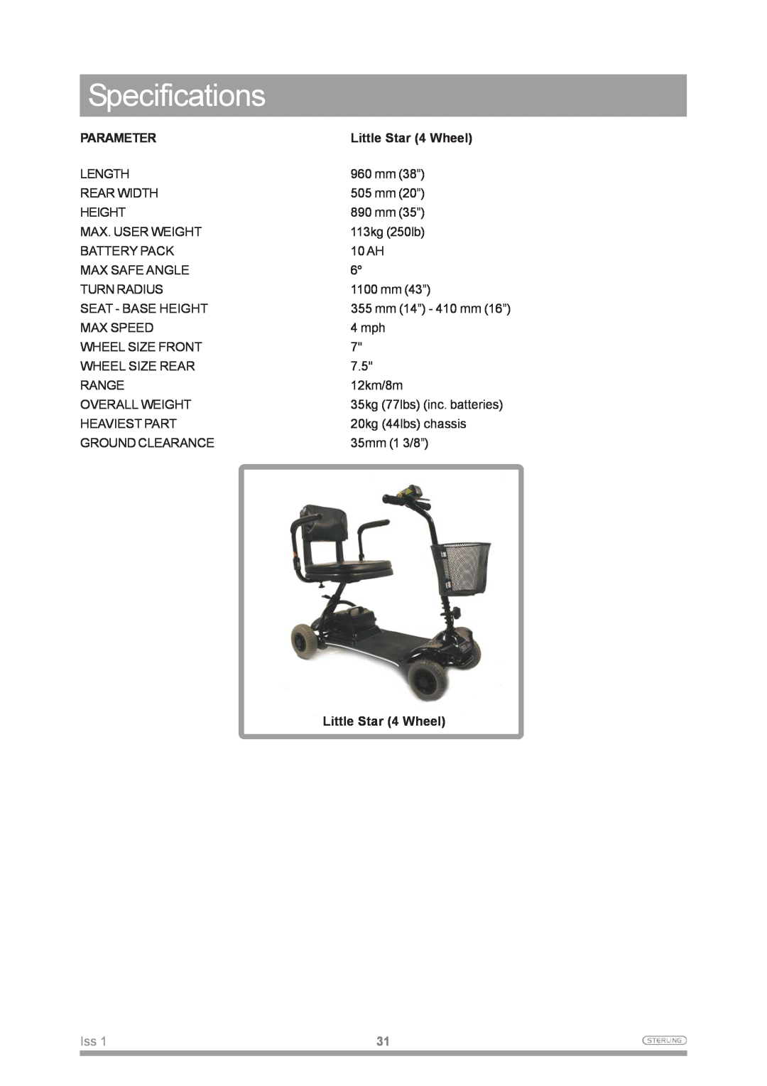 Sunrise Medical Mobility Scooter owner manual Specifications, Parameter, Little Star 4 Wheel 