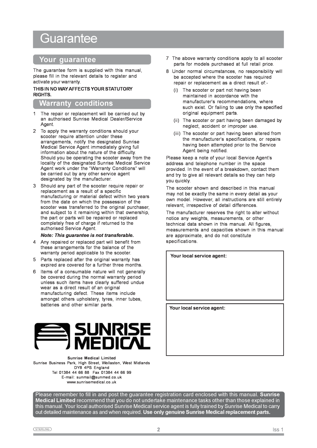 Sunrise Medical Mobility Scooter Guarantee, Your guarantee, Warranty conditions, Note This guarantee is not transferable 