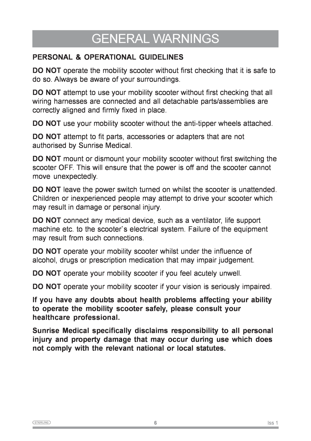 Sunrise Medical Mobility Scooter owner manual General Warnings, Personal & Operational Guidelines 