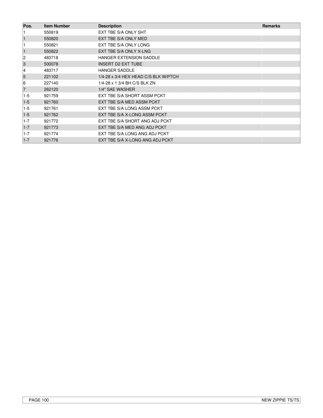 Sunrise Medical New Zippie TS manual EXT TBE S/A only X-LNG, Hanger Extension Saddle, EXT TBE S/A Short Assm Pckt 