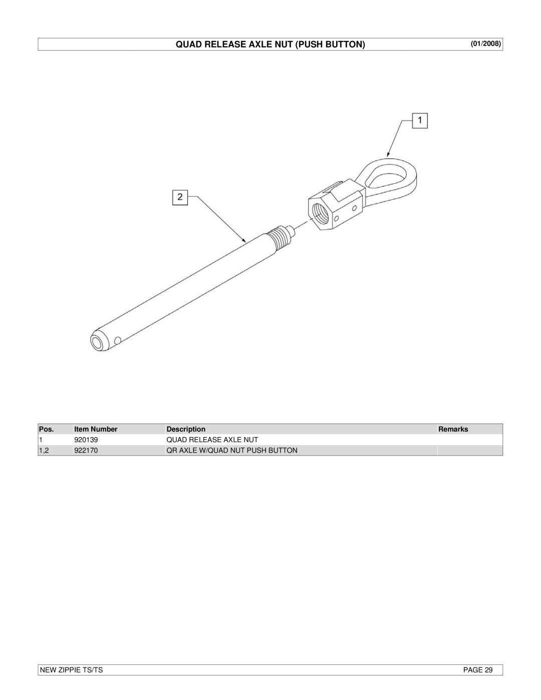 Sunrise Medical New Zippie TS manual Quad Release Axle NUT Push Button, QR Axle W/QUAD NUT Push Button 