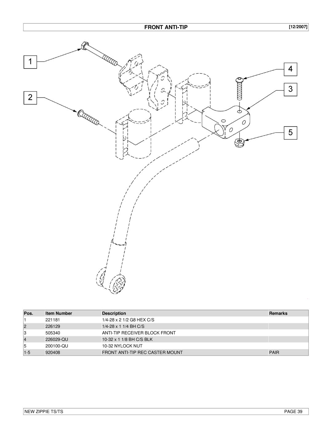 Sunrise Medical New Zippie TS manual 12/2007, ANTI-TIP Receiver Block Front, Front ANTI-TIP REC Caster Mount 