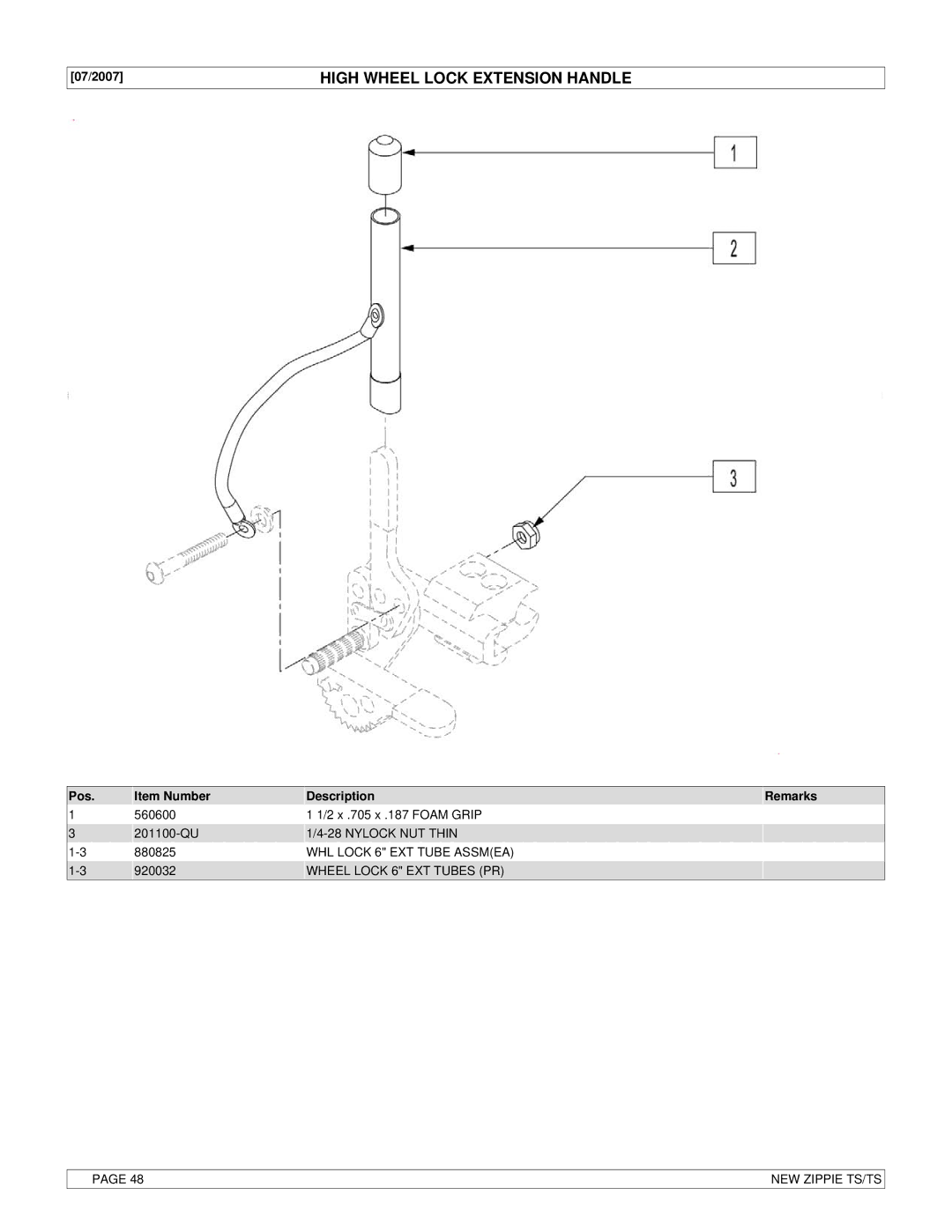 Sunrise Medical New Zippie TS manual High Wheel Lock Extension Handle, 07/2007, WHL Lock 6 EXT Tube Assmea 