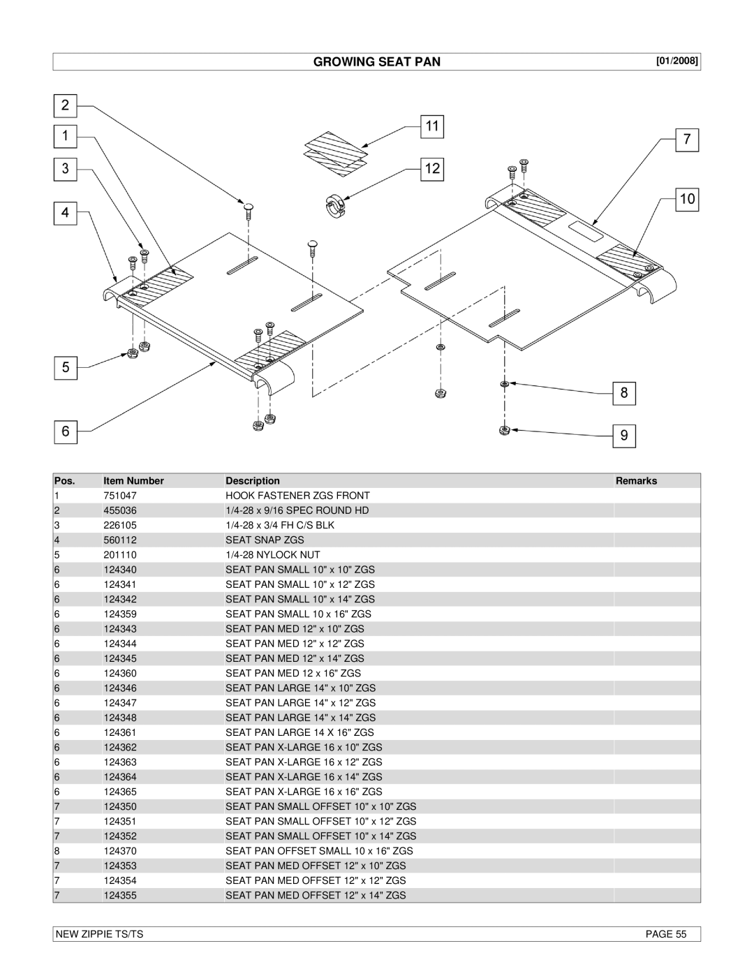 Sunrise Medical New Zippie TS manual Growing Seat PAN, Hook Fastener ZGS Front, Seat Snap ZGS, Seat PAN Large 14 X 16 ZGS 