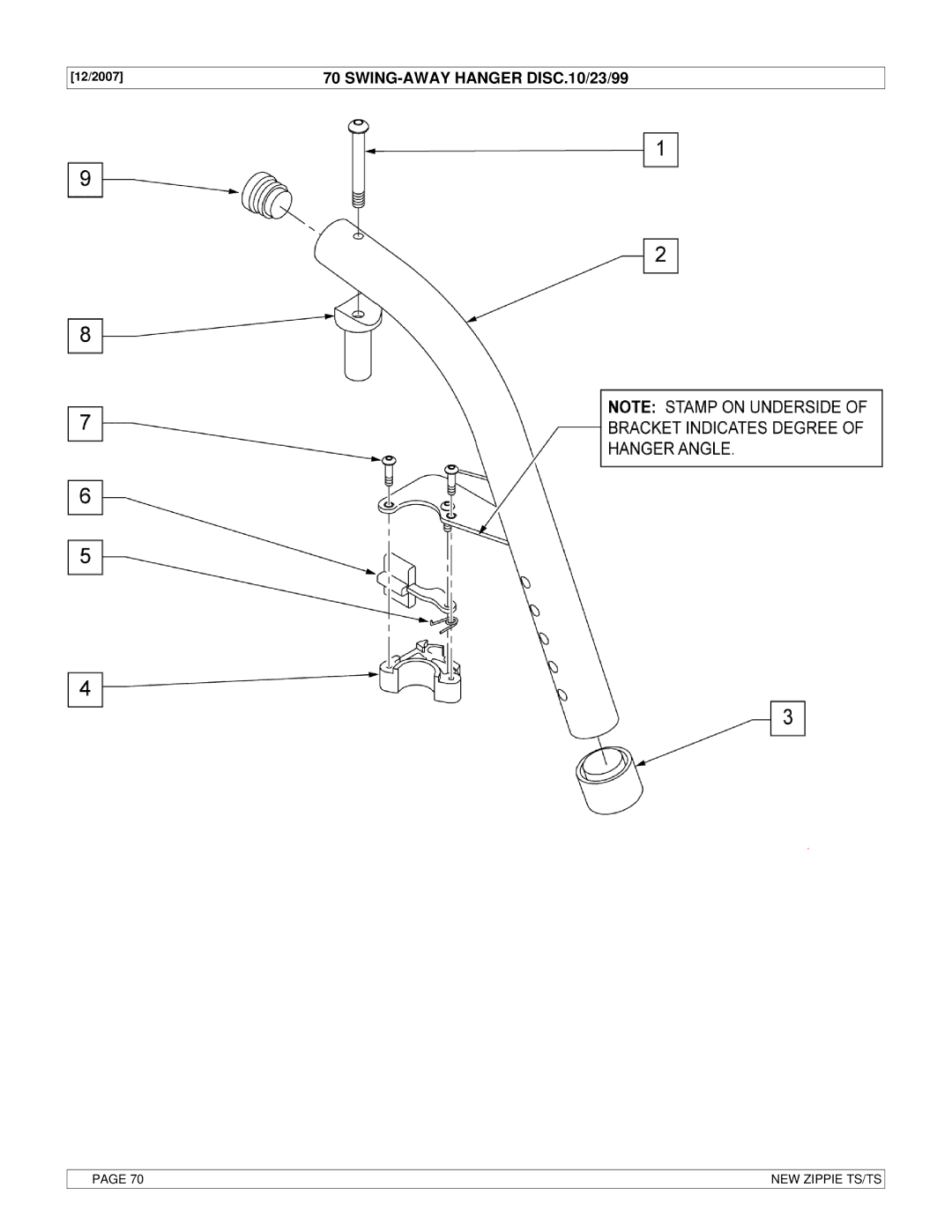 Sunrise Medical New Zippie TS manual SWING-AWAY Hanger DISC.10/23/99 