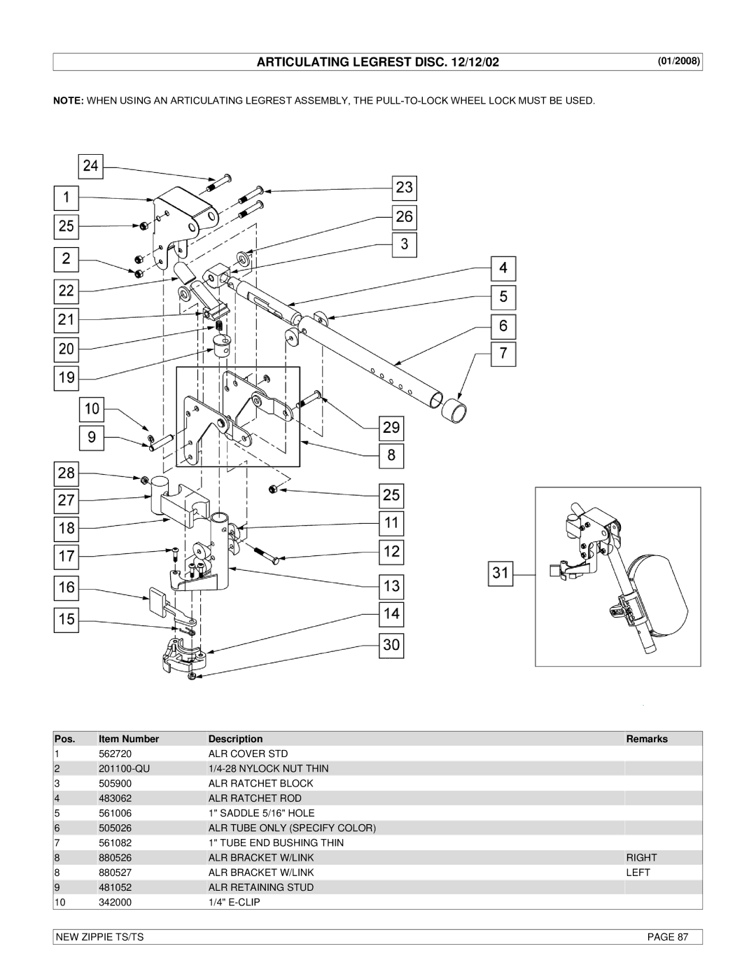 Sunrise Medical New Zippie TS manual Articulating Legrest Disc /12/02, ALR Tube only Specify Color, ALR Bracket W/LINK 