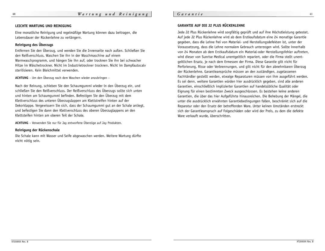 Sunrise Medical None instruction manual Leichte Wartung UND Reinigung, Reinigung des Überzugs, Reinigung der Rückenschale 