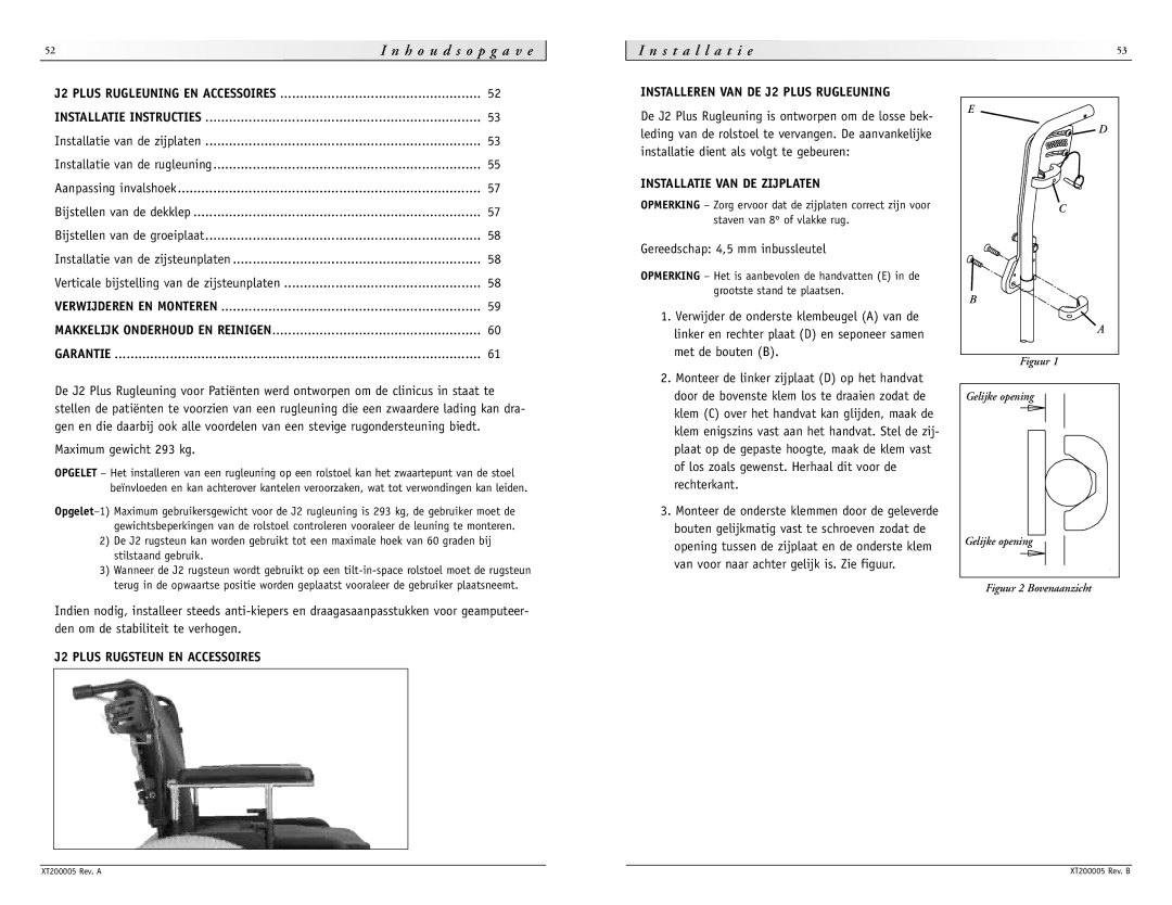 Sunrise Medical None instruction manual Install a t i e, Maximum gewicht 293 kg, J2 Plus Rugsteun EN Accessoires 