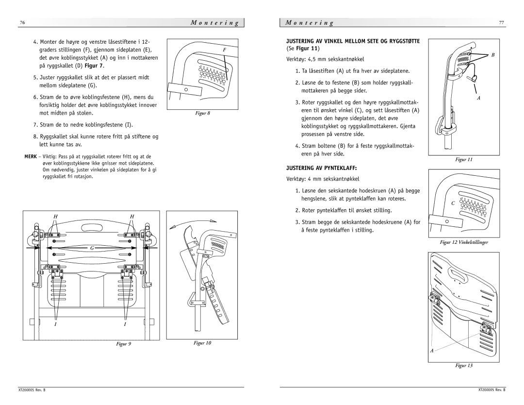 Sunrise Medical None instruction manual Justering AV Vinkel Mellom Sete OG Ryggstøtte Se Figur, Justering AV Pynteklaff 