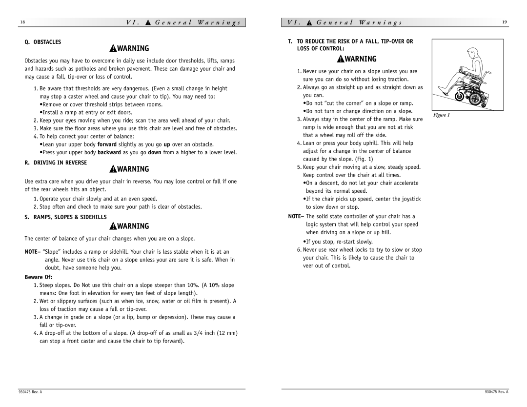 Sunrise Medical P-220 instruction manual N e r a l W a r n i n g s, Driving in Reverse, RAMPS, Slopes & Sidehills, Beware 