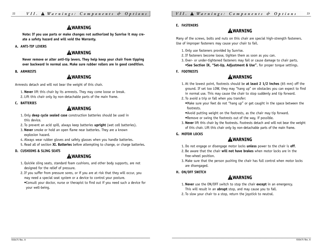 Sunrise Medical P-220 instruction manual R n i n g s C o m p o n e n t s & O p t i o n s 