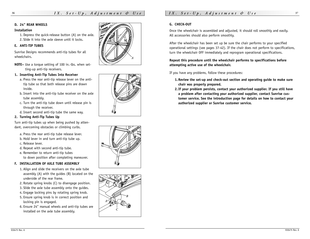 Sunrise Medical P-220 Rear Wheels, ANTI-TIP Tubes, Inserting Anti-Tip Tubes Into Receiver, Turning Anti-Tip Tubes Up 