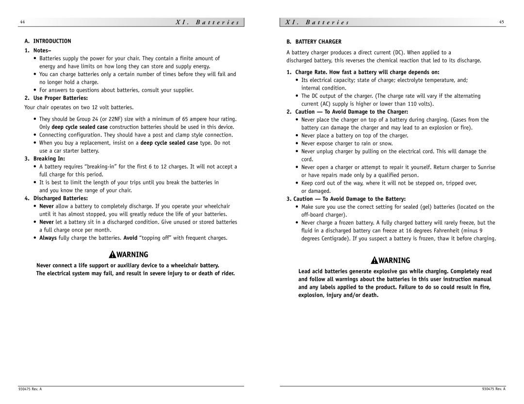 Sunrise Medical P-220 instruction manual I . B a t t e r i e s, Introduction, Battery Charger 