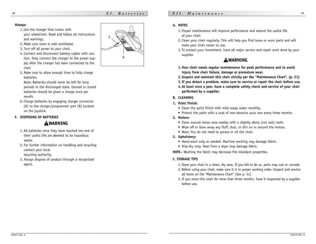 Sunrise Medical P-220 instruction manual I . M a i n t e n a n c e, Disposing of Batteries, Cleaning, Storage Tips 