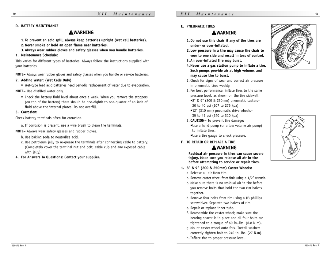 Sunrise Medical P-220 instruction manual I I . M a i n t e n a n c e, Battery Maintenance, To Repair or Replace a Tire 