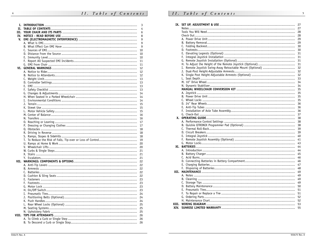 Sunrise Medical P-220 instruction manual T a b l e o f C o n t e n t s, Emi 