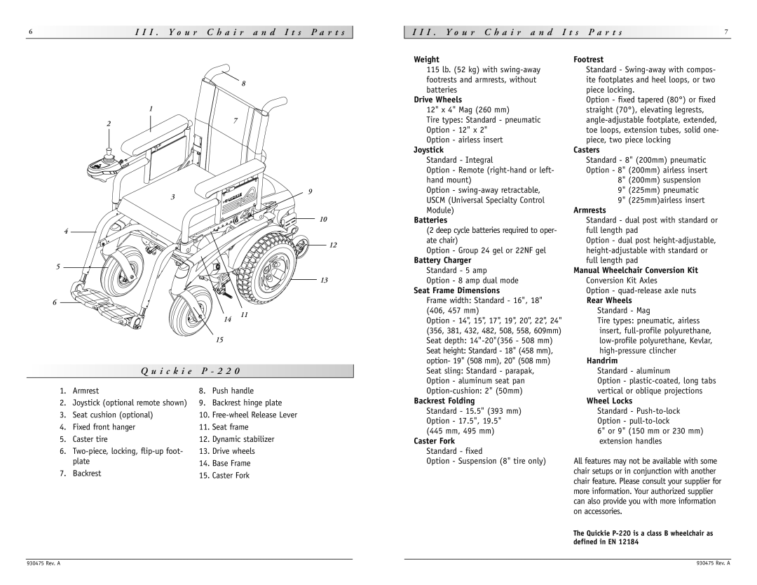 Sunrise Medical P-220 Weight, Drive Wheels, Footrest, Joystick, Casters, Batteries, Armrests, Battery Charger, Handrim 