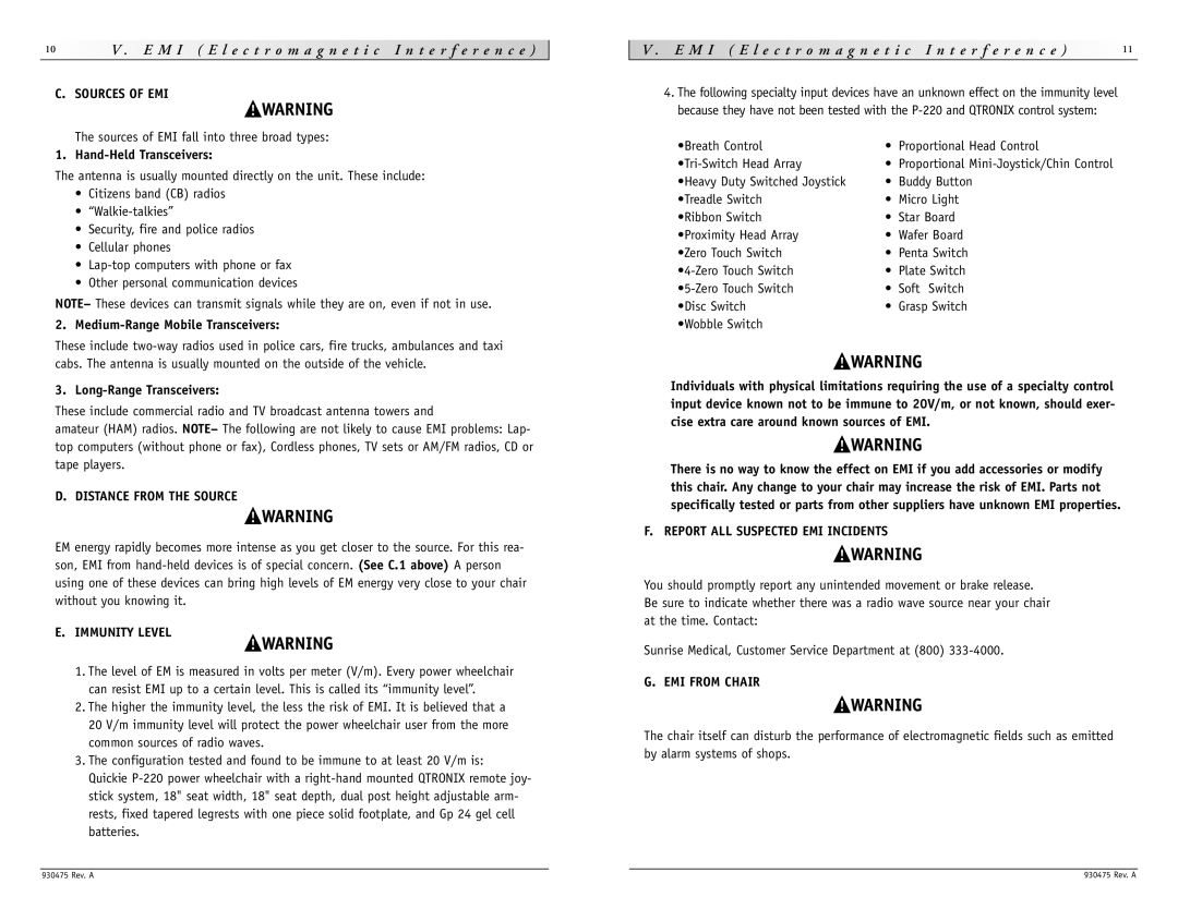 Sunrise Medical P-220 Sources of EMI, Distance from the Source, Immunity Level, Report ALL Suspected EMI Incidents 