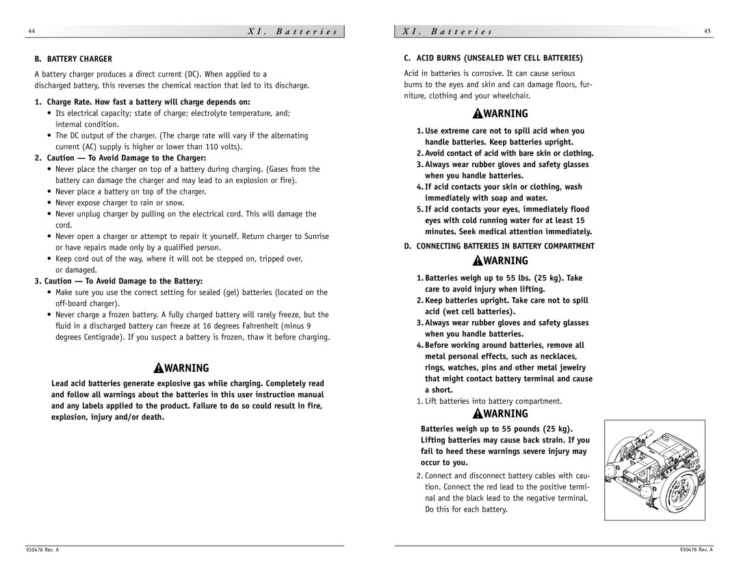 Sunrise Medical P-222 SE instruction manual I . B a t t e r i e s, Battery Charger, Acid Burns Unsealed WET Cell Batteries 