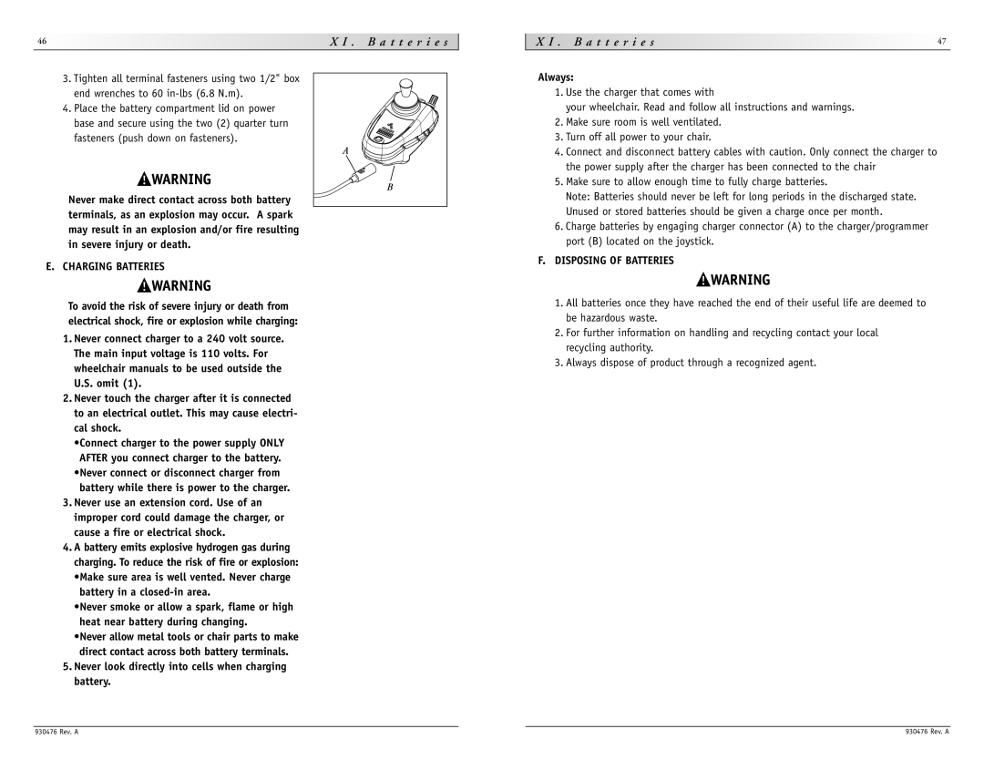 Sunrise Medical P-222 SE instruction manual B a t t e r i e s, Charging Batteries, Disposing of Batteries 