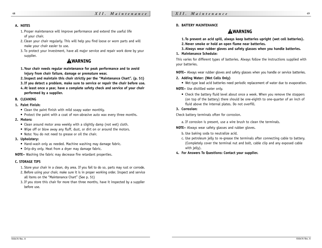 Sunrise Medical P-222 SE instruction manual I I . M a i n t e n a n c e, Cleaning, Storage Tips, Battery Maintenance 