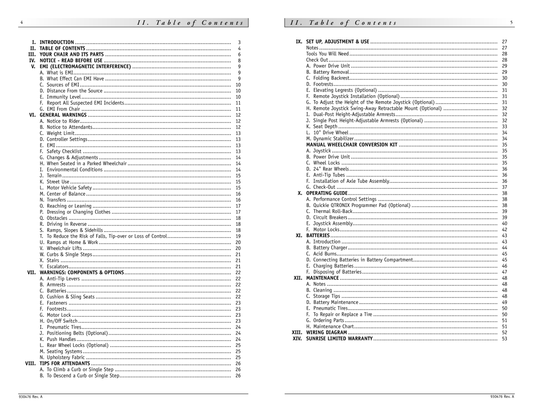 Sunrise Medical P-222 SE instruction manual T a b l e o f C o n t e n t s, Emi 