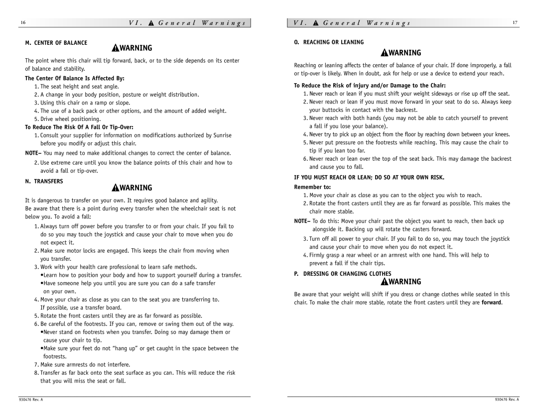 Sunrise Medical P-222 SE instruction manual Center of Balance, Transfers, Reaching or Leaning, Dressing or Changing Clothes 