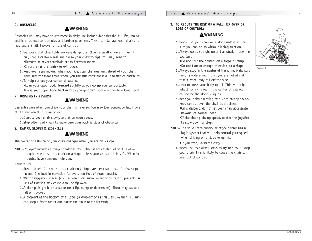 Sunrise Medical P-222 instruction manual N e r a l W a r n i n g s, Driving in Reverse, RAMPS, Slopes & Sidehills, Beware 