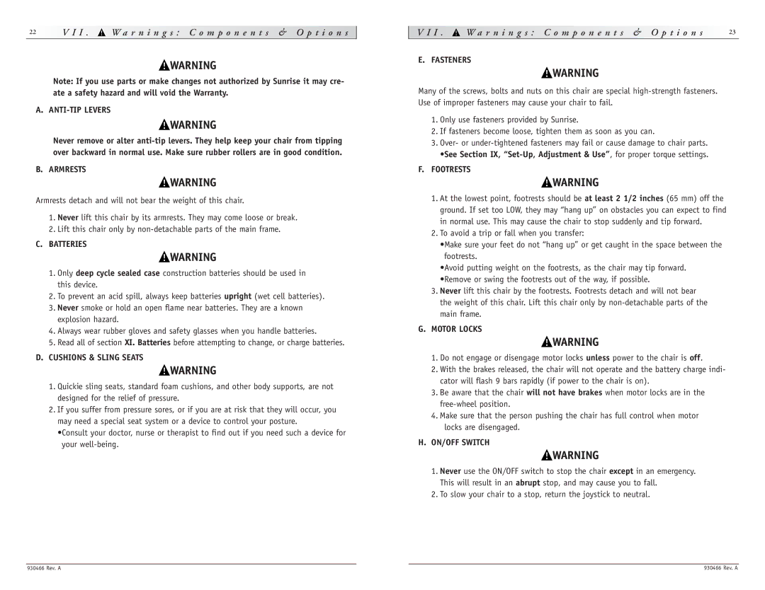 Sunrise Medical P-222 instruction manual R n i n g s C o m p o n e n t s & O p t i o n s 