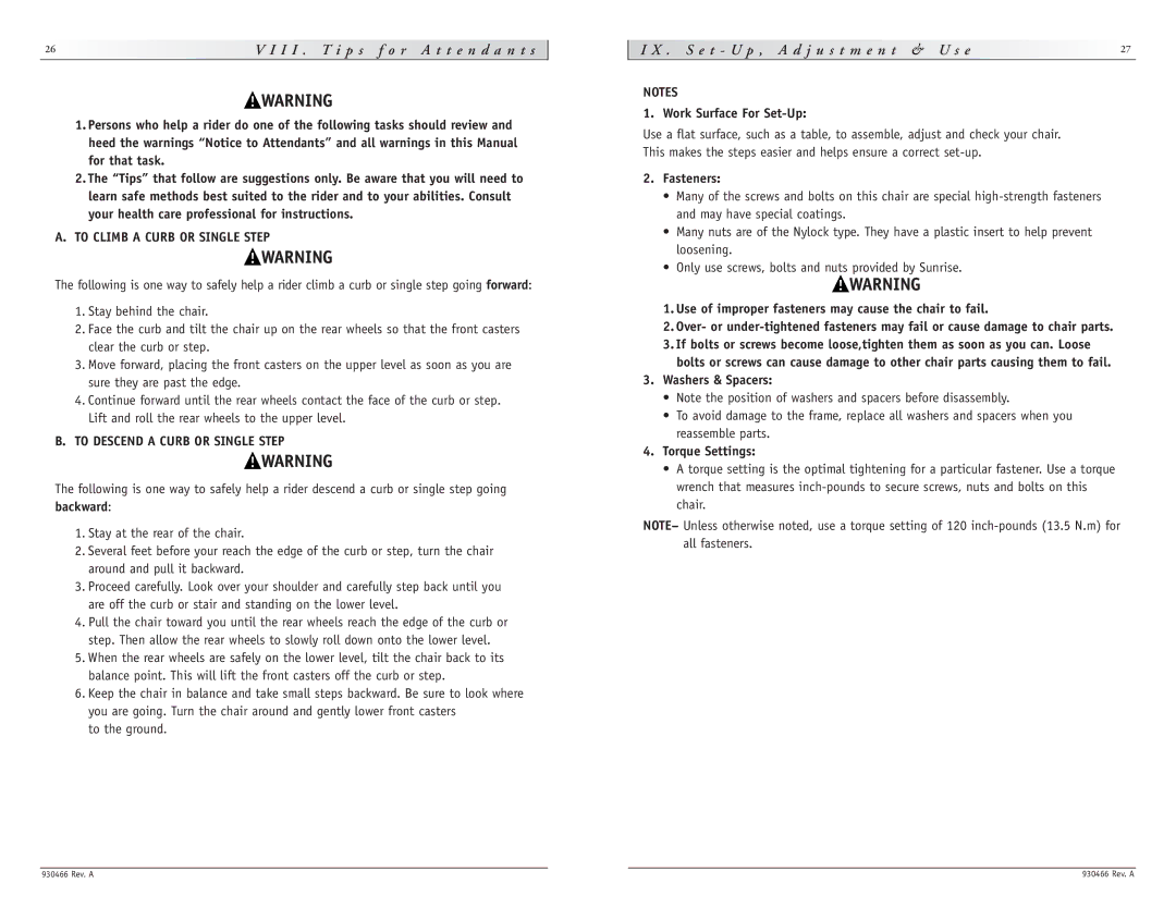 Sunrise Medical P-222 instruction manual S e t U p , a d j u s t m e n t & U s e, To Climb a Curb or Single Step 