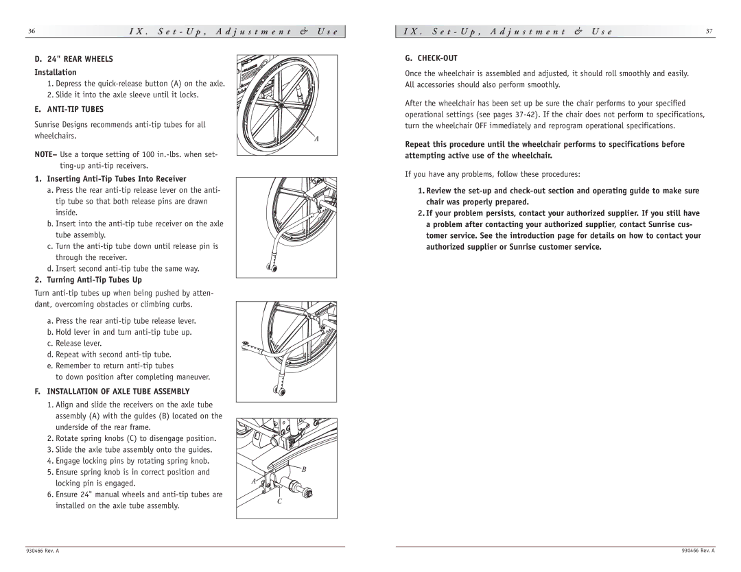 Sunrise Medical P-222 Rear Wheels, ANTI-TIP Tubes, Turning Anti-Tip Tubes Up, Installation of Axle Tube Assembly 