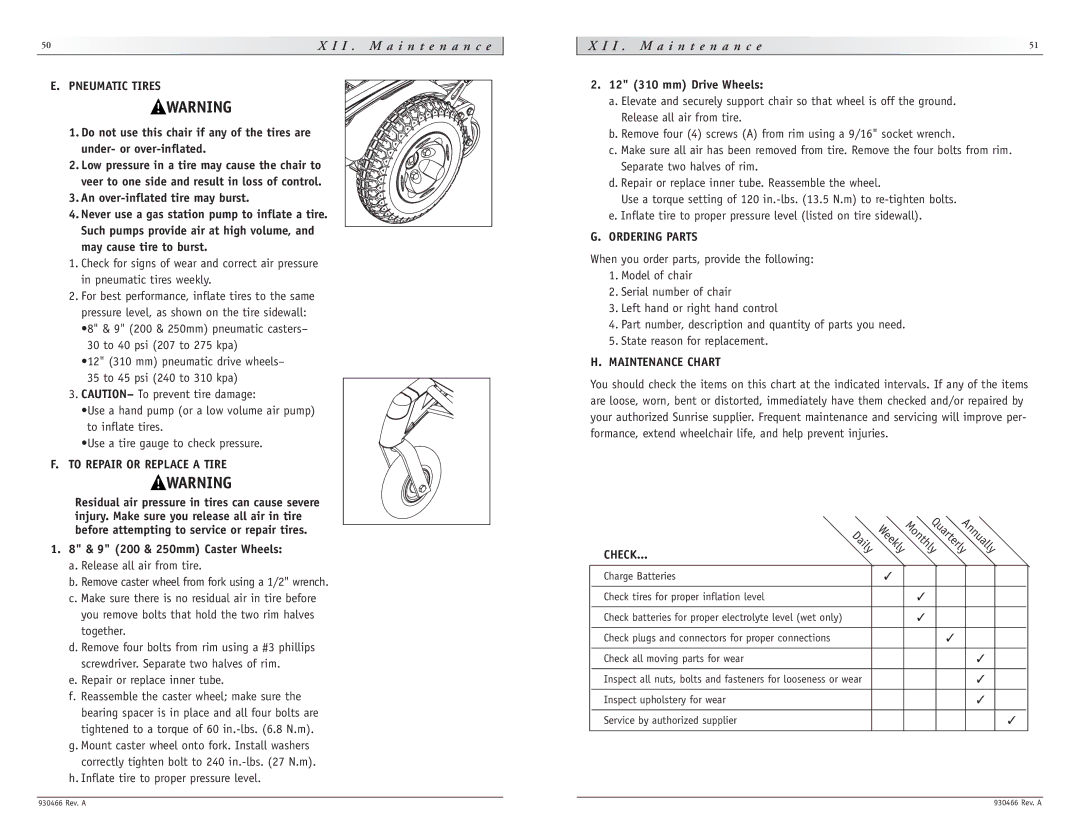 Sunrise Medical P-222 instruction manual To Repair or Replace a Tire, Ordering Parts, Maintenance Chart, Check 