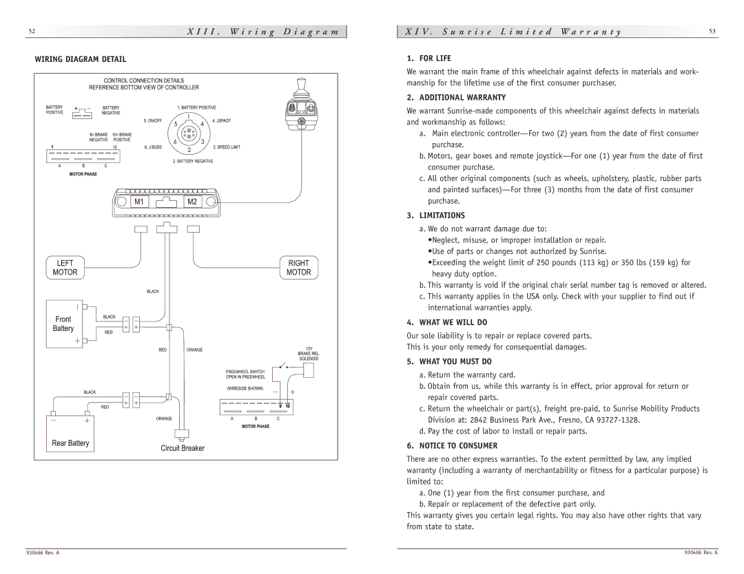 Sunrise Medical P-222 Wiring Diagram Detail, For Life, Additional Warranty, Limitations, What WE will do, What YOU Must do 