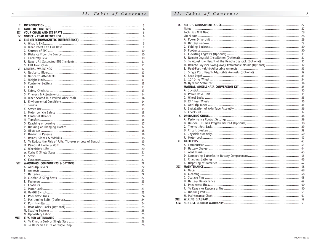 Sunrise Medical P-222 instruction manual T a b l e o f C o n t e n t s, Emi 