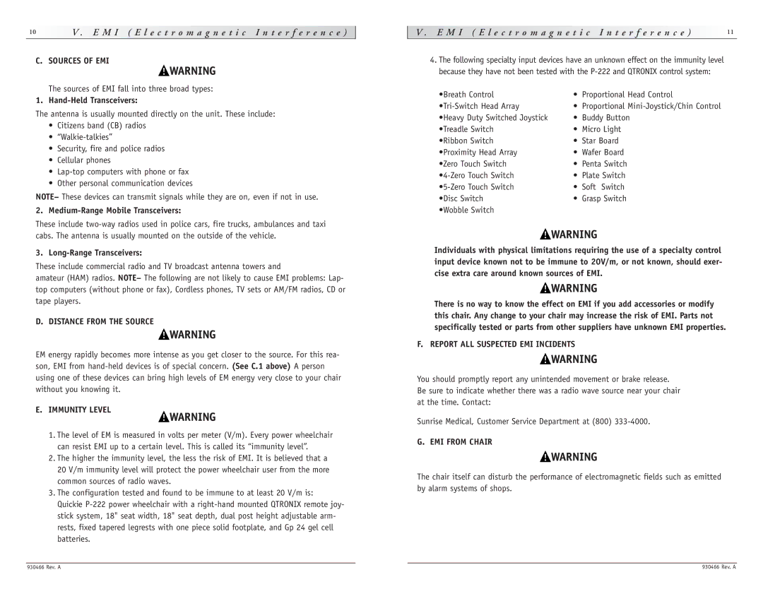 Sunrise Medical P-222 Sources of EMI, Distance from the Source, Immunity Level, Report ALL Suspected EMI Incidents 