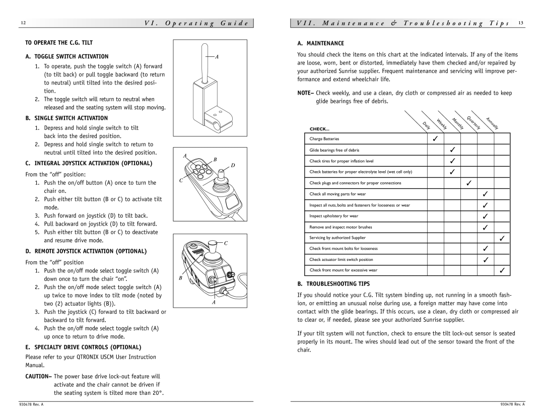 Sunrise Medical P-222SE instruction manual O p e r a t i n g G u i d e, I . M a i n t e n a n c e & Troubleshooting T i p s 