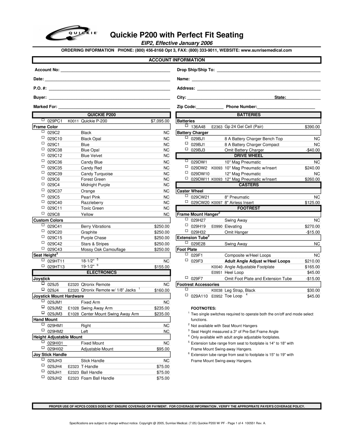 Sunrise Medical P200 manual Account Information 