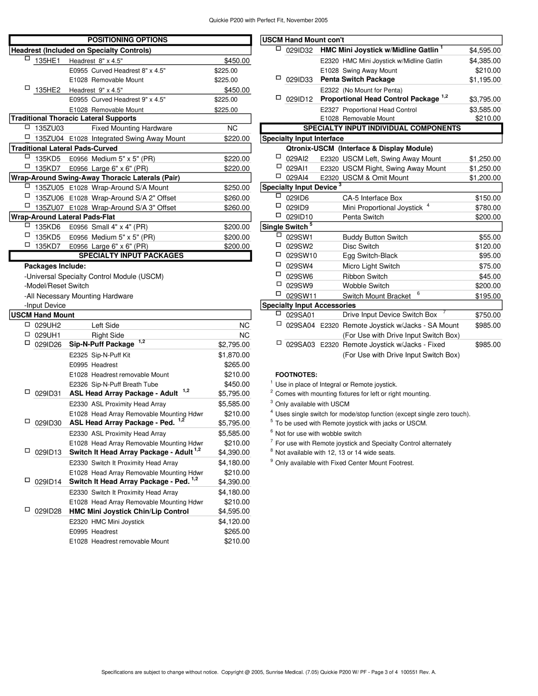 Sunrise Medical P200 manual Positioning Options, Specialty Input Packages, Specialty Input Individual Components 