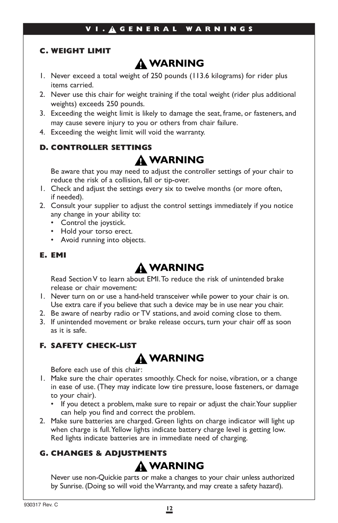 Sunrise Medical P300 instruction manual Weight Limit, Controller Settings, Emi, Safety CHECK-LIST, Changes & Adjustments 