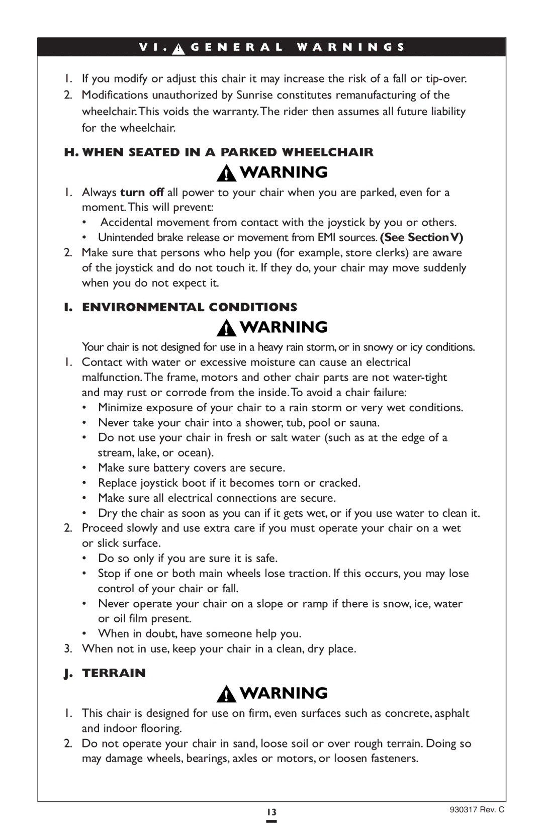 Sunrise Medical P300 instruction manual When Seated in a Parked Wheelchair, Environmental Conditions, Terrain 