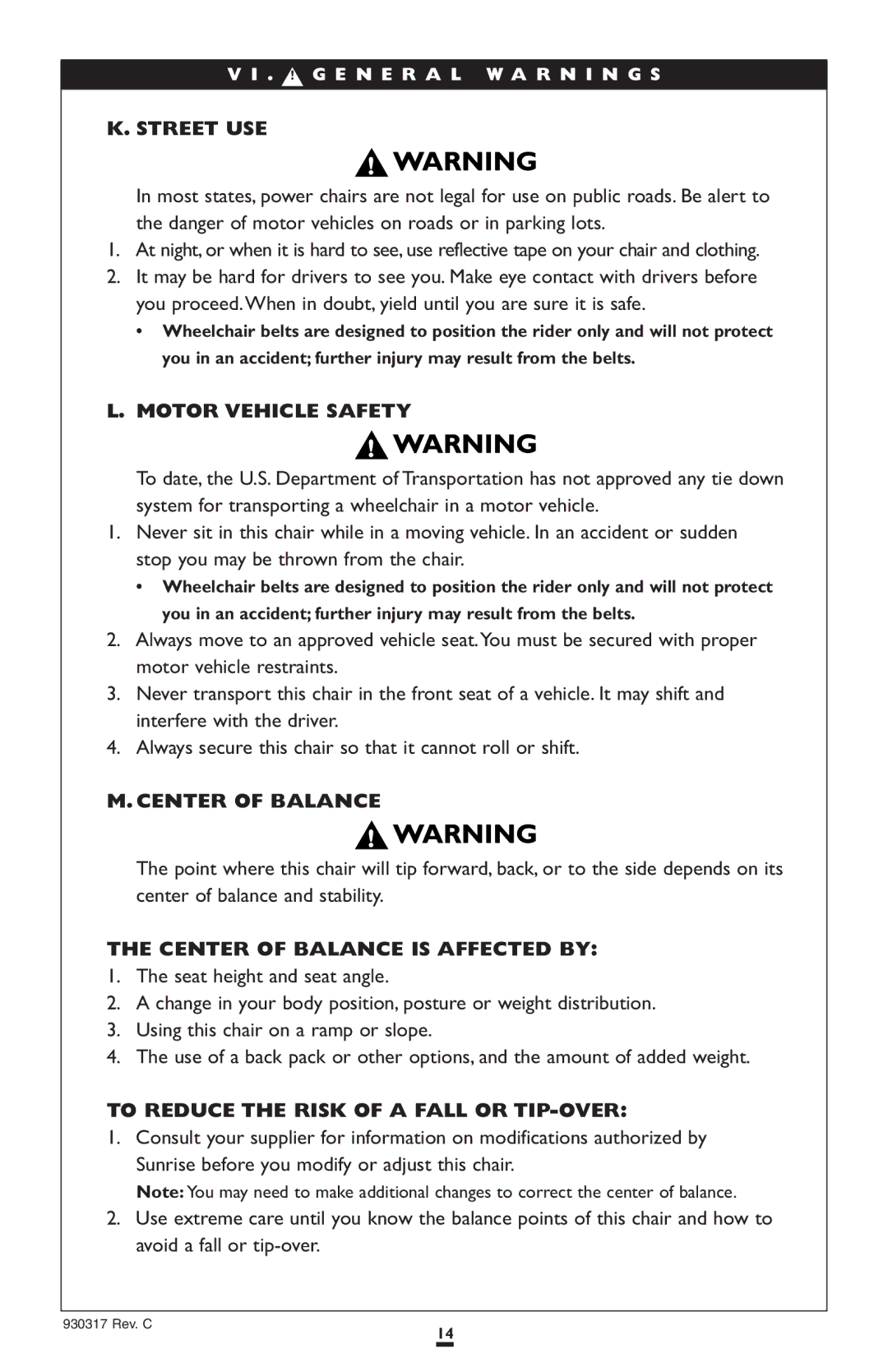 Sunrise Medical P300 instruction manual Street USE, Motor Vehicle Safety, Center of Balance is Affected by 