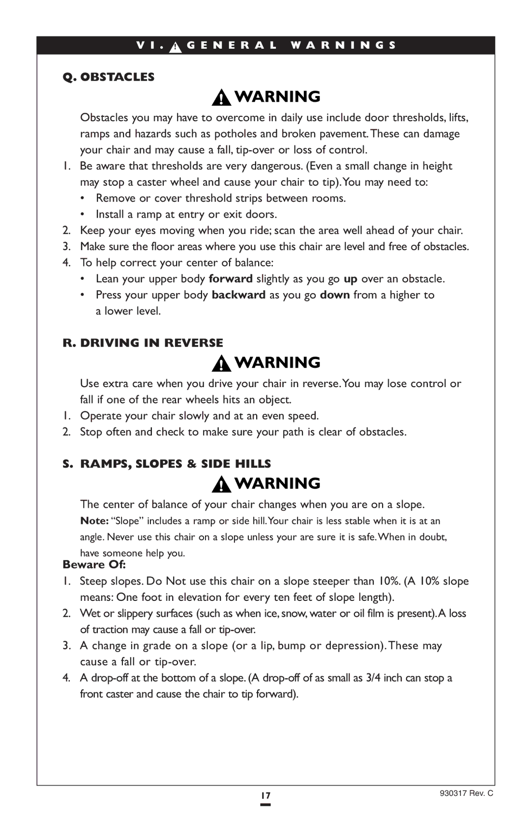 Sunrise Medical P300 instruction manual Obstacles, Driving in Reverse, RAMPS, Slopes & Side Hills 