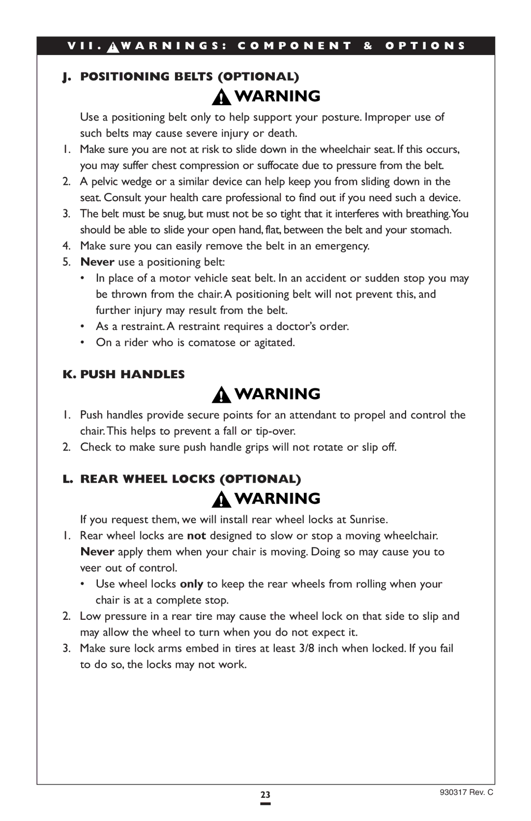 Sunrise Medical P300 instruction manual Positioning Belts Optional, Push Handles, Rear Wheel Locks Optional 