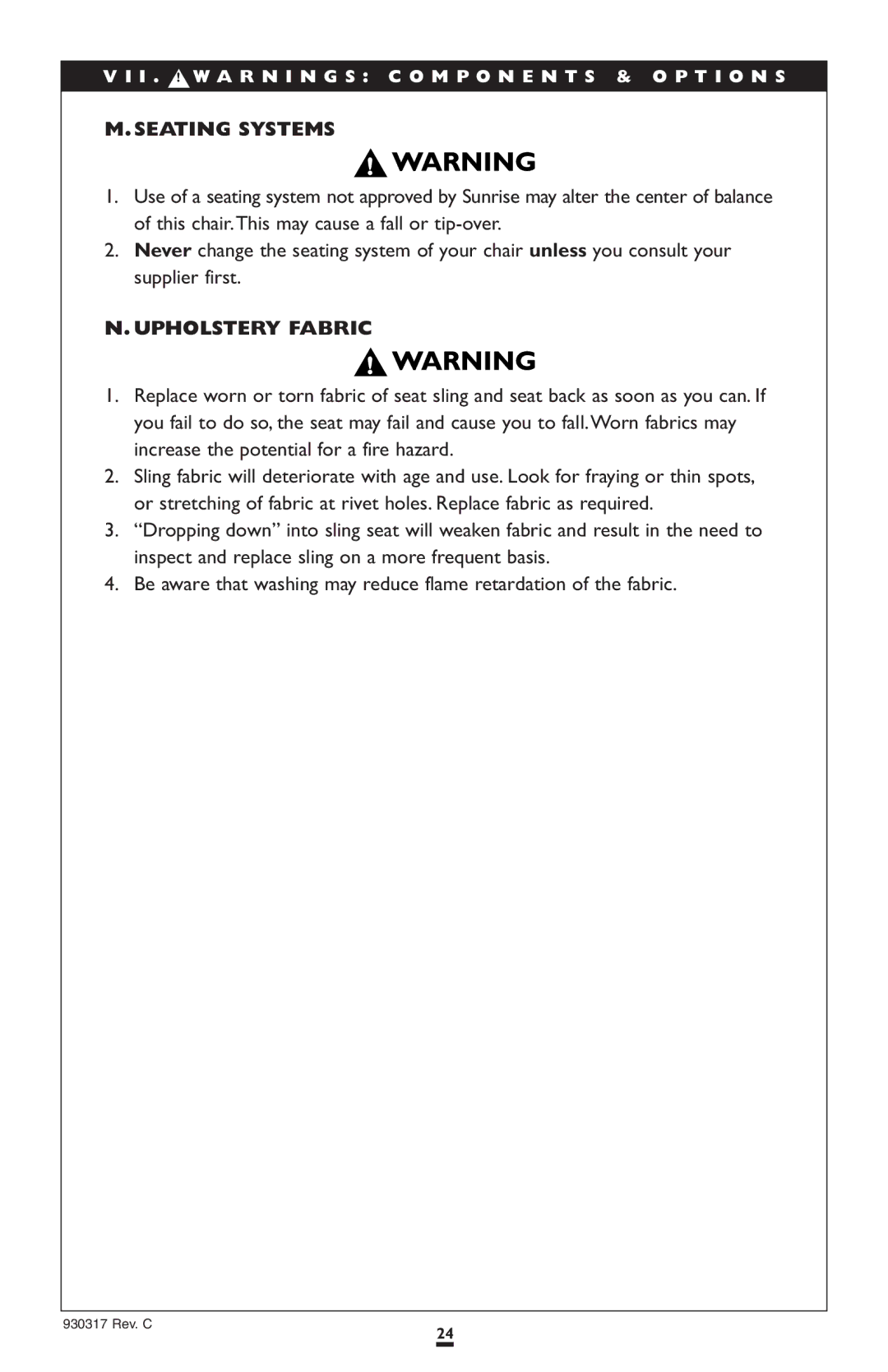 Sunrise Medical P300 instruction manual Seating Systems, Upholstery Fabric 