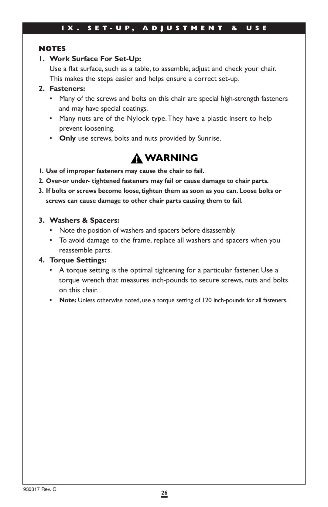 Sunrise Medical P300 instruction manual Work Surface For Set-Up, Fasteners, Washers & Spacers, Torque Settings 