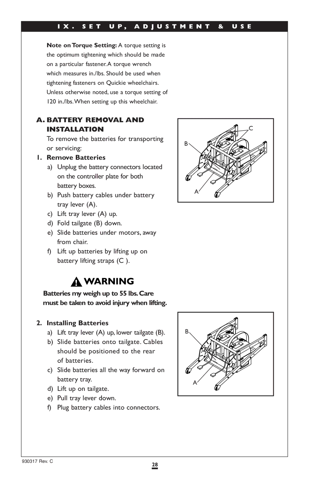 Sunrise Medical P300 Battery Removal Installation, To remove the batteries for transporting or servicing, Remove Batteries 