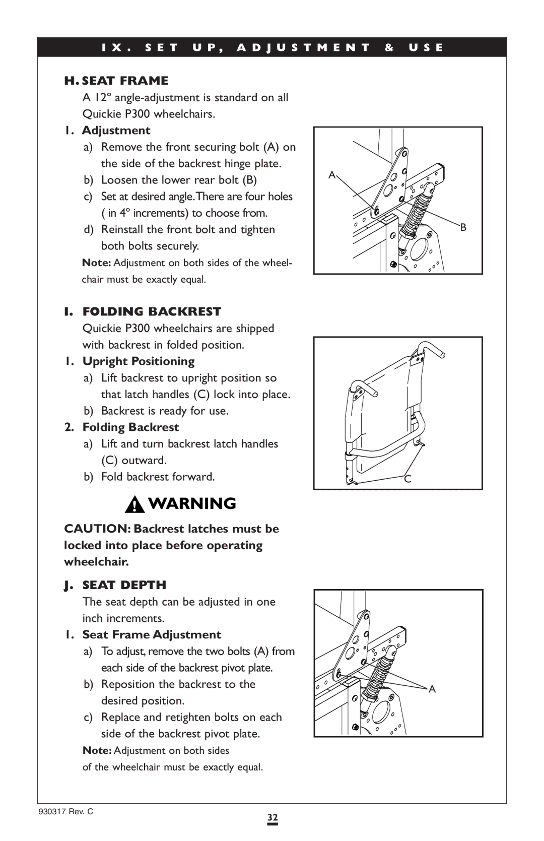 Sunrise Medical P300 instruction manual Seat Frame, Folding Backrest, Seat Depth 