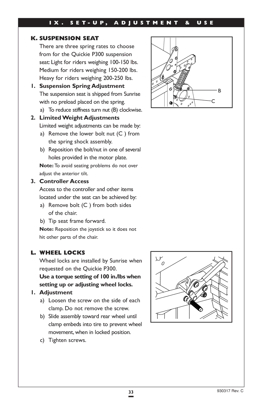 Sunrise Medical P300 instruction manual Suspension Seat, Suspension Spring Adjustment, Controller Access 