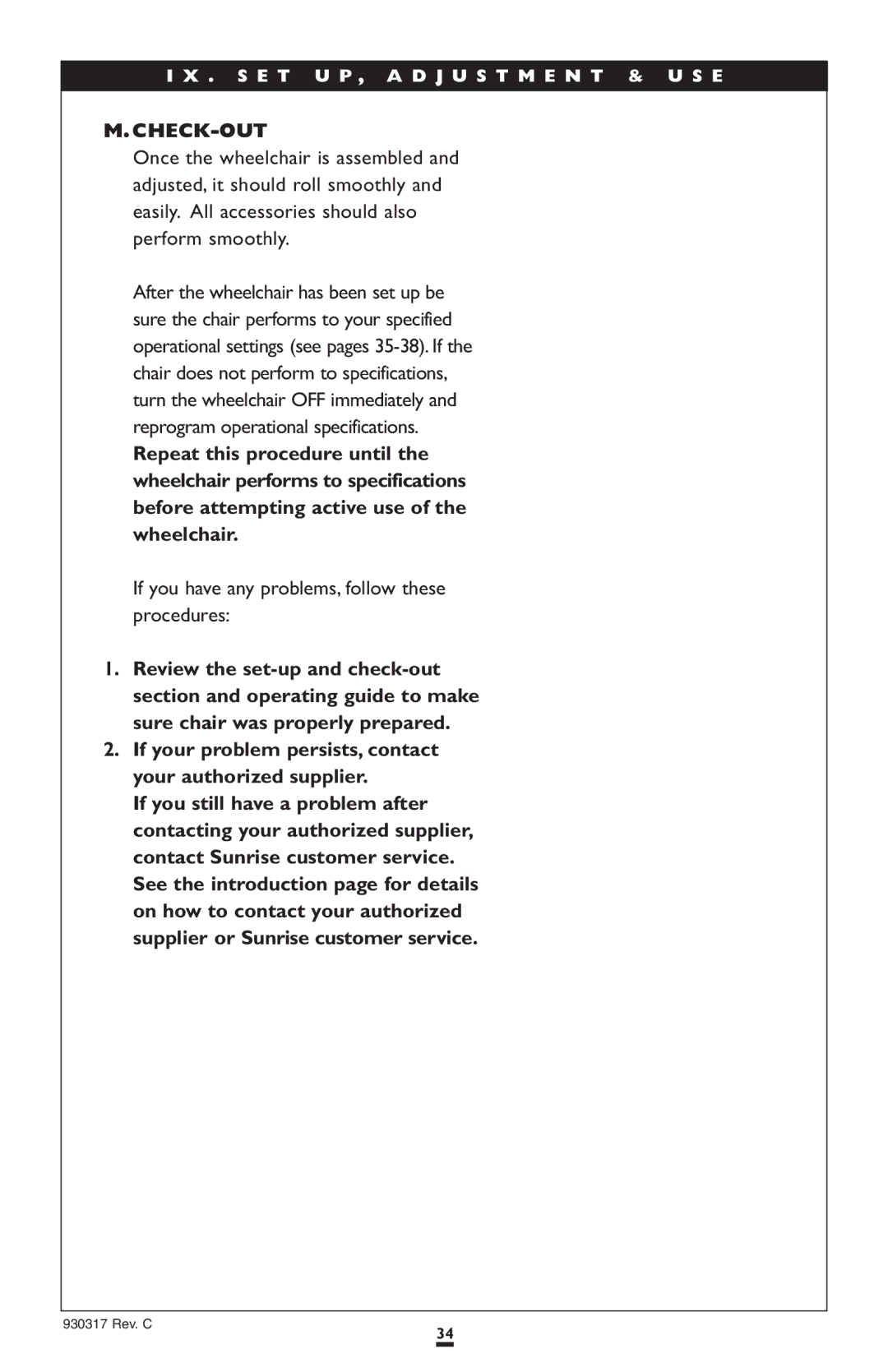 Sunrise Medical P300 instruction manual Check-Out, If you have any problems, follow these procedures 